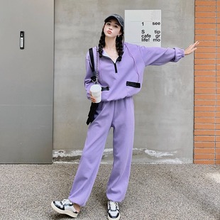 时尚紫色卫衣套装女春秋，2023网红炸街运动风休闲束脚裤两件套