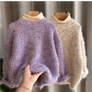 女童假两件毛衣秋冬季洋气宝宝半高领打底线衣加厚儿童针织衫
