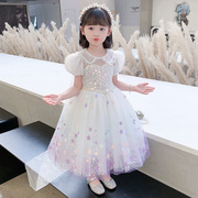 夏季艾莎公主裙娃娃领洋气可爱白色网纱蓬蓬礼服裙女童生日裙