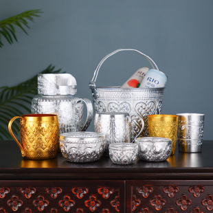 泰国锡杯家用水杯茶杯泰式餐厅餐具杯子，创意复古东南亚风格凉水壶
