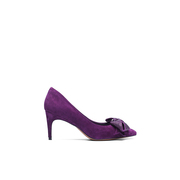 VME/舞魅7cm紫色小尖头高跟一脚蹬蝴蝶结羊皮单鞋女