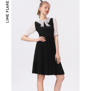 莱茵2023秋季商场同款高腰，蕾丝领钻饰连衣裙，气质高级感a字裙