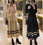 秋季韩版优雅气质假两件套针织，拼接撞色复古文艺，长袖连衣裙子