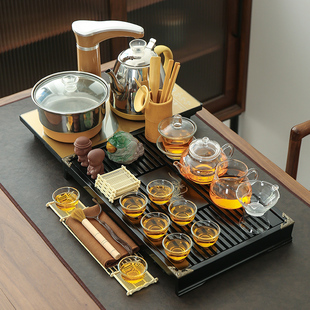 整套全自动功夫茶具套装家用实木，茶盘组合四合一电热磁炉茶海茶台