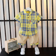男宝宝短袖衬衫套装夏装，男童装1一4岁婴儿2衣服，3小童格子港风衬衣
