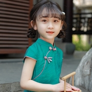 女童旗袍夏季女孩洋气中国风儿童汉服纯色轻薄复古连衣裙夏季