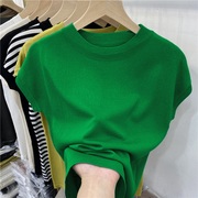 大码女装绿色t恤女短袖2024夏季冰丝针织，设计感小众打底衫上衣潮