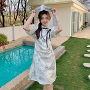 新中式国风改良旗袍A字裙夏季遮肚显瘦水墨画连衣裙女小个子