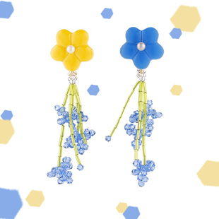 重工编织水晶花簇系列黄蓝不对称花簇长款耳环耳夹气质