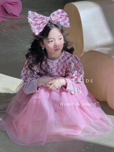 23年秋冬公主裙童装女童亮片玫粉色艾米长袖连衣裙生日礼服裙