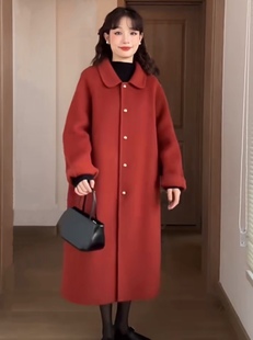 圣诞红双面羊绒，大衣女中长款2024年春季单排扣高端羊毛外套