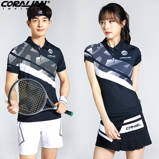 可莱安羽毛球服女套装韩国男款黑色翻领上衣透气速干运动短袖