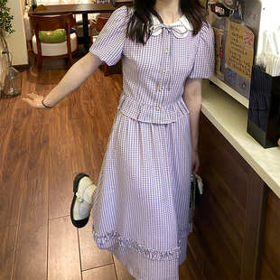陈漂亮(陈漂亮)原创夏季显瘦收腰淑女气质衬衫花瓣，领紫色格纹套装女