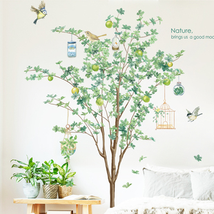 可移除墙贴纸防水植物绿树客厅卧室沙发背景墙自粘壁纸温馨叶子鸟