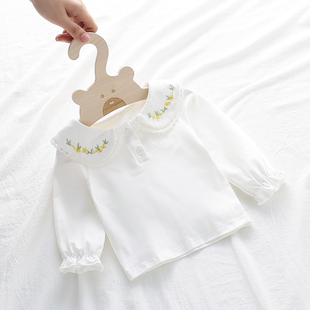 婴儿春秋装打底衫0-3岁女宝宝，长袖白色t恤女童娃娃领绣花上衣洋气