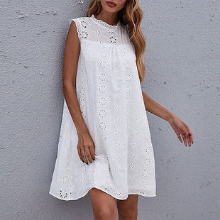 欧美夏季清新甜美白色，圆领宽松镂空蕾丝，钩花无袖连衣裙dress