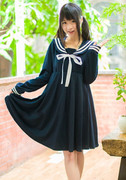 恋依坊大码套头常规，单件2021年春季海军风，长袖高腰甜美连衣裙