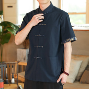 中国风短袖衬衫男夏季薄款中式休闲复古宽松青年盘扣唐装立领衬衣