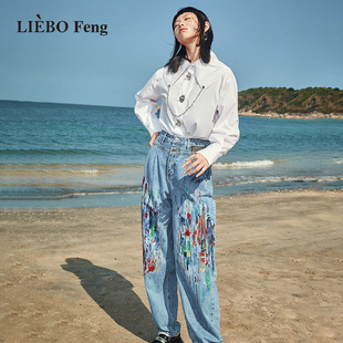 裂帛LIEBOFeng设计师品牌2024高街时髦涂鸦风高腰浅蓝色牛仔长裤