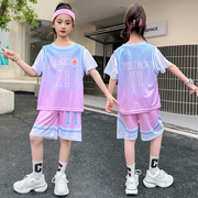 女童夏装撞色篮球服套装，速干运动服儿童夏季短袖，短裤两件套女中童