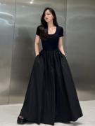 黑色短袖连衣裙2023旅游穿搭法式气质拖地裙夏季修身显瘦长裙