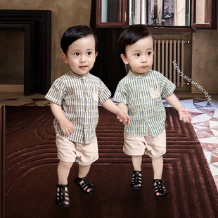 夏季小童文艺范套装(范套装，)短袖短裤，两件套休闲韩版男童条纹透气吸汗棉麻