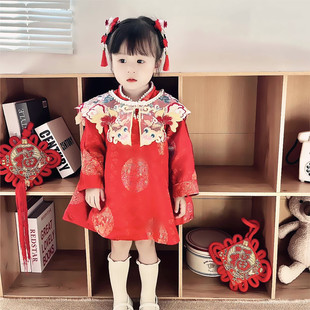 女童旗袍礼服长袖冬季宝宝中国风，红色周岁礼服抓周女宝礼服国风冬