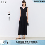 lily2024夏女装(夏女装)设计感学院风百褶气质v领通勤长款高腰连衣裙