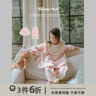 史豌豆(史豌豆)童装女童双面绒，睡衣套装2023秋冬粉色家居服儿童两件套