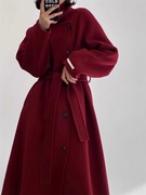gracezala2024秋冬款酒红色，双面羊绒大衣女单，排扣毛呢外套