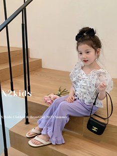 韩版儿童上衣夏季显瘦泡泡袖，碎花短袖雪纺衫洋气紫色喇叭裤