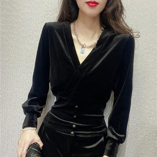 法式衬衫女冬高级设计感黑色，金丝绒上衣长袖，v领打底衫欧货上衣潮