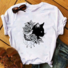 blackcatprintt-shirt卡通黑猫花朵，女士简单圆领，印花白t恤短袖