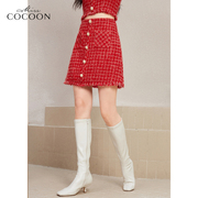 misscocoon红色小香风半身，女2022冬季高腰羊毛粗花呢a字短裙