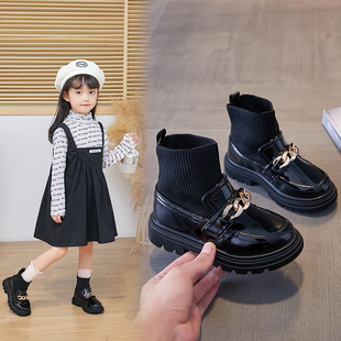 女童靴子儿童鞋2023秋季黑色，飞织靴走秀表演短靴单靴高筒长靴