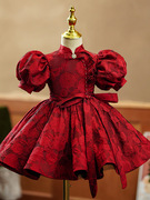 女童礼服气质周岁女宝宝公主裙红色中国风花童儿童主持人演出礼服