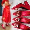红鞋婚鞋女红色高跟中式结婚鞋子粗跟婚纱照，婚礼新娘鞋敬酒秀禾鞋