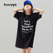 KUUYOO中大女童印花字母T恤连衣裙夏季黑色纯棉裙子6岁女孩夏装