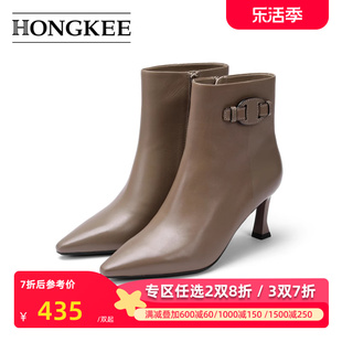 Hongkee/红科短靴2022冬季配裙子穿的靴子尖头女靴HC22S414