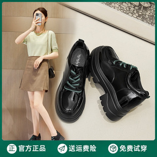 松糕小皮鞋子女2023年秋季女士休闲小个子厚底增高鞋黑色单鞋