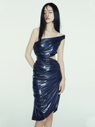 SHUXUAN G.设计师原创品牌复古性感褶皱腰部镂空斜肩连衣裙礼服