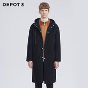 DEPOT3男装大衣 原创设计品牌纯羊毛双面呢抽绳连帽保暖法式大衣