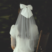 短款新娘结婚求婚缎面蝴蝶结头纱领证登记拍照道具婚纱晚礼服头饰