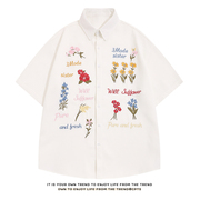 潮牌刺绣花朵华夫格短袖，衬衣日系小众文艺情侣，衬衫网红宽松外套夏