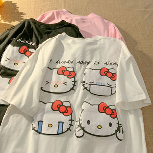 日系趣味卡通kitty猫咪少女奶粉色t恤女ins潮短袖情侣装半袖上衣