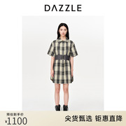 DAZZLE地素奥莱春夏装复古通勤腰封设计格纹衬衫短袖连衣裙女