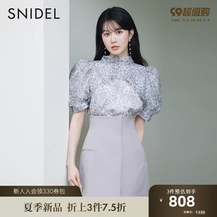 snidel2023春夏甜美仙女泡泡袖，蝴蝶结印花雪纺衬衫swfb232146