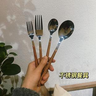 ins风韩式网红家用长柄，勺子叉子不锈钢餐具叉，精致甜品小勺子女