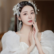 新娘头饰韩式超仙手工蕾丝串珠花朵发箍耳环高级感结婚礼白纱配饰