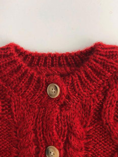 女童韩版新年儿童大红色毛衣开衫，春秋加厚麻花纹针织外套洋气